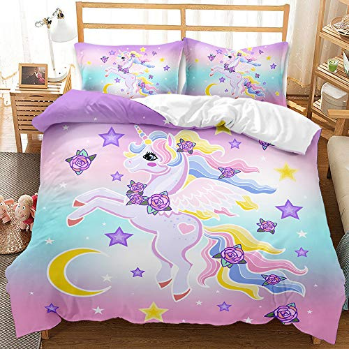 YIUA Bettwäsche Einhorn-Motiv,Kuschelige Einhorn Mädchen Kinder Bettwäsche,Bettbezug mit 1/2 Kissenbezügen (B,135×200cm)