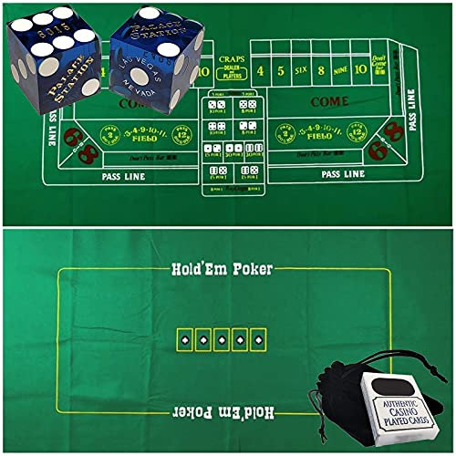 Craps & Texas Hold'em Poker Essentials Set: 2-seitig, 1,8 m x 0,9 m, Filz-Layout, Las Vegas Casino Tisch-Würfel und Karten, plus Aufbewahrungstasche (Palace Station (blau poliert))