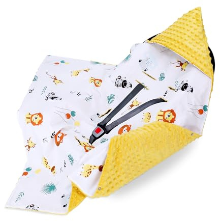 Coperta avvolgente per ovetto e passeggino – morbida copertina Minky neonato bifacciale con cappuccio – utilizzabile tuttol'anno in viaggio e a casa 90×90 cm Caramella safari Oeko-Tex