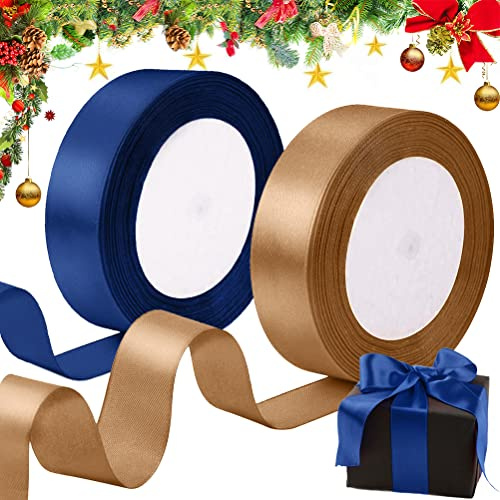 Weihnachten Satinband Geschenkband Breit, Schleifenband Seidenband Stoffband zum Basteln Geschenkverpackung, Gold Dunkelblau Satin Band Dekoband für Weihnachtsdeko Hochzeit Geburtstag Party 25mmx44M