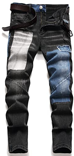XIMXIMMTIAN Biker Jeans for Men,Slim Fit Stretch Distressed Denim Pants (38, 9237 Blue and Black)