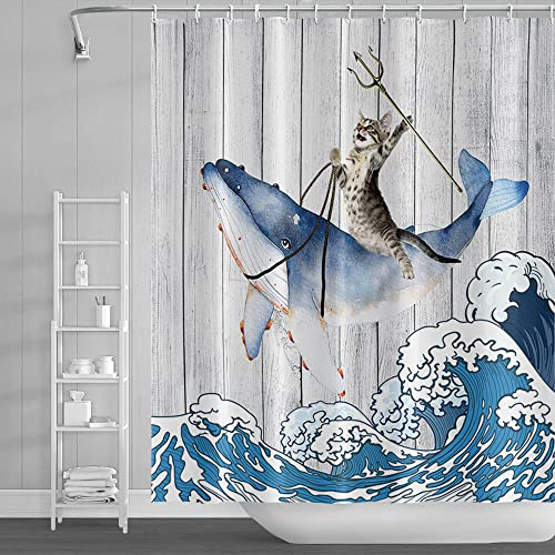SDOTPMT 180x213cm Komisch Katze Reiten Wal Duschvorhang Jahrgang Holz Boden Japanisch Meer Ozean Welle Badevorhang Süß Karikatur Badewanne Vorhang Wasserdicht für Badezimmer Badevorhang mit Haken