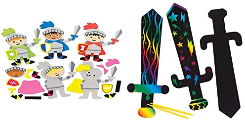 Baker Ross FE289 Ritter Schaumstoff Magnete zum Basteln - 8 Stück & Kratzbilder ?Schwerter? (6 Stück) – mit Regenbogenpapier und Kratzwerkzeug für Kinder zum Basteln und Dekorieren