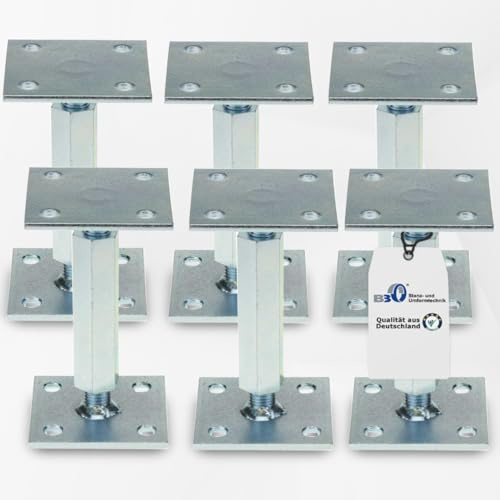 Pfostenträger höhenverstellbar (6 Stück) Boden/ Trägerplatte 100 x 100 x 5 mm Stützenfuß Stützfuß Bodenfuß Betonfuß mit Gewindemuffe verstellbar, Rechts-Linksgewinde