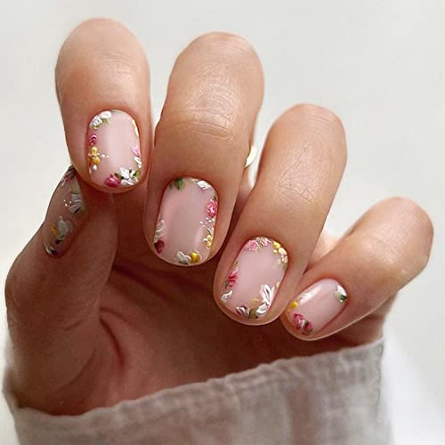 24pcs Short False Nails Flower Design Press on Nails Nude Pink Petite Stick on Nail Removable Glue on Fake Nail Art Accessories for Women