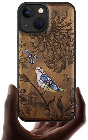 Carveit Coque magnétique pour iPhone 13 Mini Étui de Protection TPU Coque [Gravure en Bois et Incrustation de Coquille] Compatible avec 13 Mini Magsafe Artistique Coque (Noyer-Fleurs et Oiseaux)