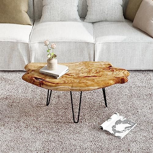 WELLAND Live Edge Cedar Wood Coffee Table Metal Hairpin Legs 32.5 W x 17 D x 16 H for Living Room, Patio, Bedroom, Home Office