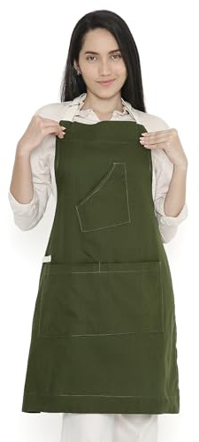 Encasa XO Justerbart köksförkläde i bomull med fickor och handdukshållare i storlek 68 x 85 cm (bladgrön) för män och kvinnor kockar för matlagning och bakning i hemmet, restauranger och grill