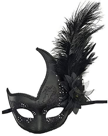 FakeFace Strass Federn Masquerade Maske Venezianische Maske mit seitlicher Feder für Damen, Federmaske Karnevalsmasken Augenmaske Venetian für Maskenball Fasching Karneval Halloween Mottoparty