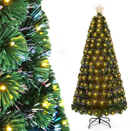 COSTWAY 180 cm Künstlicher Weihnachtsbaum mit Beleuchtung, Tannenbaum mit 8 Beleuchtungsmodi, 230 Warmweißen LED-Lichtern, Christbaum in Glasfaseroptik, Beleuchtetem Stern, Kunstbaum Weihnachten