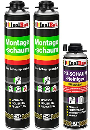 Isolbau Bauschaum-Set - Inkl. 2 x 1K Montageschaum B2 Pistolenschaum mit hervorragender Schall und Wärmedämmung (je 750 ml) & 1 x PU-Schaum-Reiniger (500 ml), Verfüllen