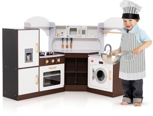 GOPLUS Cuisine en Bois Enfant, Cuisine d'angle avec Machine à Glaçons, Micro-Ondes, Cuisinière, Four, Jouet de Cuisine pour Enfants 3-10 Ans
