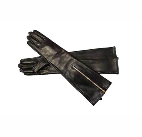 Lange Schaffell Lederhandschuhe Damen Quaste Herbst und Winter Warm Finger, Schwarzer Reißverschluss, 6 1/2