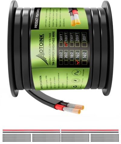 AOTOINK Cavo Elettrico 16/2 30,48M 2x1.3mm², Cavo Piatto 12/24V Calibro 16 Filo di Copertura per Tubo in Rame Stagnato per Autoveicoli, Illuminazione a LED, Barca