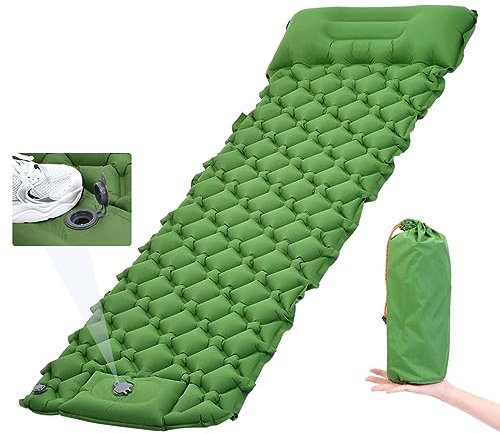 GYPWAN Isomatte Selbstaufblasend, Camping luftmatratze Selbstaufblasend mit Integrierten Kopfkissen Outdoor Campingmatte Faltbar Thermo Matte Schlafmatte Für Zelt Trekking Strand,Grün