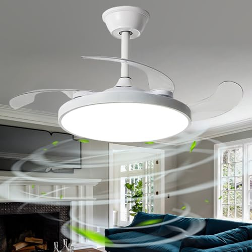 Caufloce Lampadario Con Ventilatore Da Soffitto Invisibile, Pale Retrattile Lampadario Con Ventola Dimmerabile Moderno, Plafoniera Ventilatore Reversibile Salotto Camera Per Bambini-white||95cm