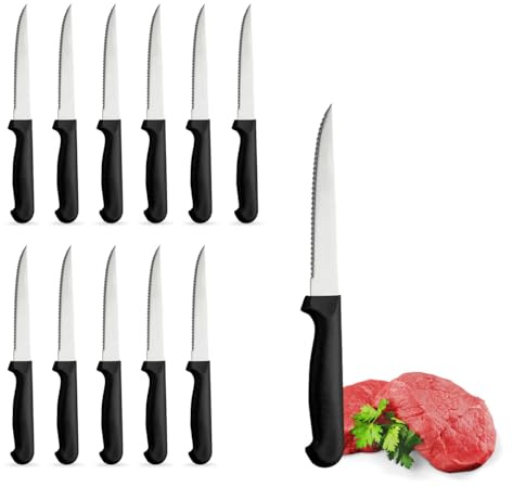 PALUPLUS Set 12 Coltelli da Carne a PUNTA in Acciaio Inox, Lunghezza 21 cm, Lama Seghettata e Temprata, Impugnatura Ergonomica, Coltelli da tavola per Bistecca e Pizza, Made Italy -997