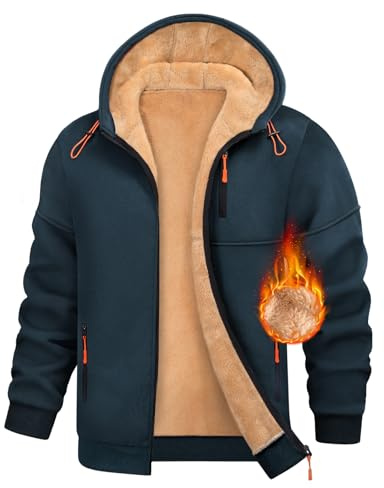 Vijamiy Mens Hoodie Fleece Lined Hoodies Zip Up Mens Fleece Jackets Full Zip Thermal Long Sleeve Thick Warm Coats Autumn Winter Hooded Drawstring Sweatshirt with Pockets(Navy Blue,XL)
