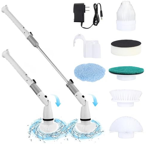 Electric Spin Scrubber, Shower Cleaning Brush Cordless with 4 Replaceable Brush Heads & Detachable Extension Handle, Power Scrubbing Bursh for Bathroom Kitchen Tub Tile Car Floor (White)