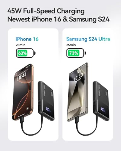 INIU Batterie externe 45 W à charge rapide 10 000 mAh avec câble USB C intégré, batterie pour iPhone 17, 16, 15, Samsung, Xiaomi, iPad, etc. Noir