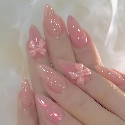 24 Pièces Rose Français Faux Ongles Moyen Press on Nails avec Noeud Papillon, Acrylique Ongles à Coller avec Autocollants Adhesif Artificiels Bâton sur Les Ongles pour Femmes Filles