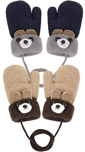 Yolhloy 2 Paires Moufles Enfant Thermique Gants Hiver Epais Mitaines Tricoté Chaud Douce Bébé Gants Plein-Doigts Polaire Cartoon Mignon Gloves Ski Snowboard pour Garçons Filles 1-4 Ans