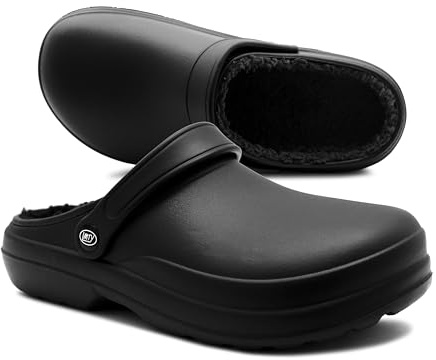 IMTY Mens Clogs Warm Fleece Lined Thermal Garden Clogs Waterproof Lightweight EVA Adjustable Faux Fur Slippers Hospital House Shoes (Black, UK Footwear Size System, Adult, Men, Numeric, Medium, 10)