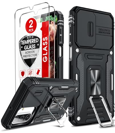 LeYi for Samsung Galaxy A26 5G Phone Case, with Camera Lens Cover Slider, 2 Pack Screen Protectors, Ring Stand Holder Military Grade Protective Shockproof Armour Cover for Samsung A 26 5G, Black