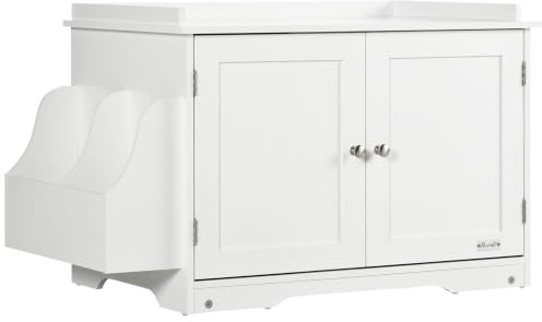 PawHut Mobile Lettiera per Gatti a 2 Ante con Contenitore Esterno, Mobiletto Lettiera Coperta con Divisorio Interno Regolabile e Porta Laterale, 86x48x52 cm, Bianco