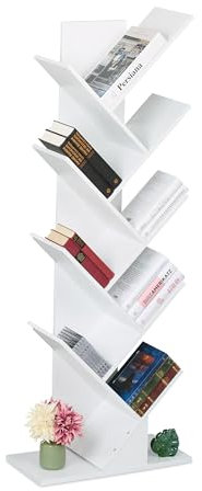 Relaxdays Bücherregal, 9 Ebenen, HBT: 138 x 51 x 25 cm, Baum-Design, Bücher, CDs, Dekoregal, Wohnzimmerregal, weiß