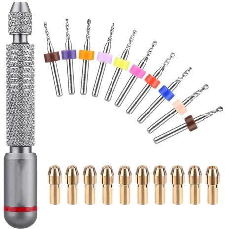 Suoumwa Hand Drill Bits Set - 10Pcs Metal Mini Pin Vise Hand Drill Bits&10Pcs Micro-Type Chuck Collet for Jewelry Making Carving