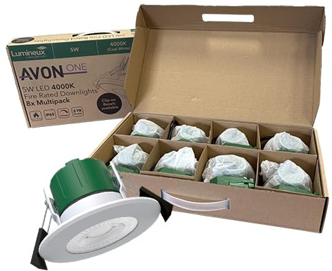 8X Fire Rated LED Downlights, 5W 4000K Cool White, 560 Lumens – 75mm Cut-Out, IP65, Dimmable Ceiling Spotlights – Recessed Lighting, (White Finish)