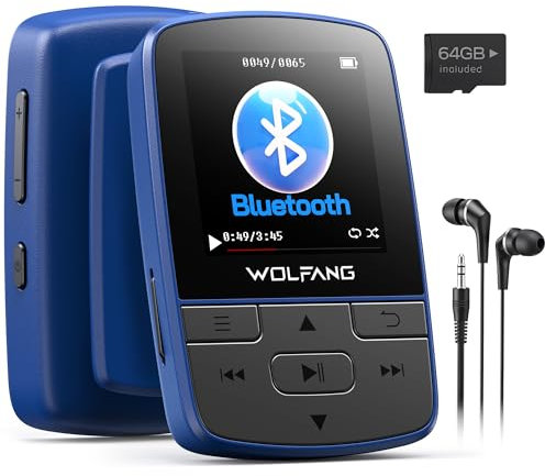 WOLFANG Lecteurs MP3 64 Go avec Bluetooth 5.2, Clip Sport, Taille Mini, Poids 28,3 g, Haut-Parleur HiFi, Radio FM, enregistreur Vocal, écouteurs Inclus