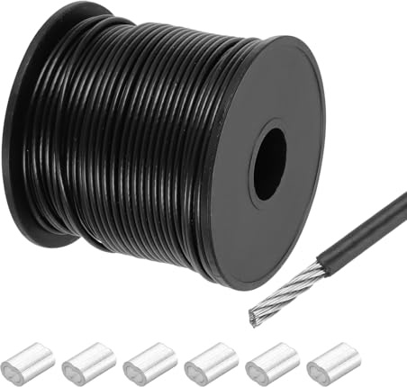 QUARKZMAN Cable De Acero Inoxidable 304 De 131 Pies (40 M) Recubierto De Vinilo De 1/12 (2 Mm) Con 6pcs De Manguitos De Aluminio Para Colgar, Tendales, Elevación Negro