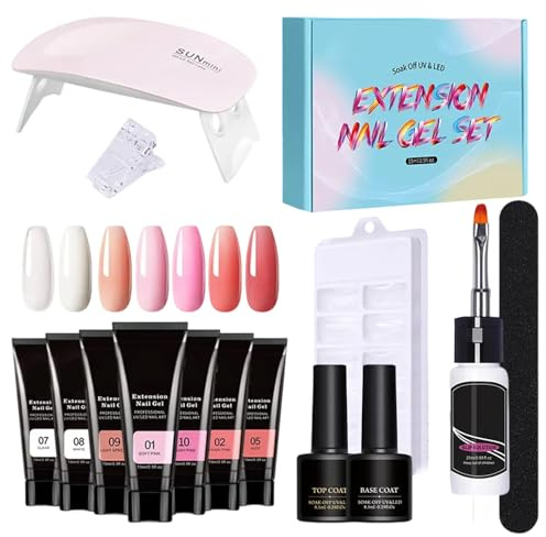 Kit de gel de uñas poly para principiantes, kit de uñas con todo | Gel conjunto con kit de uñas de poli de luz UV - Solución de engrosamiento de 7 colores Builder Toeneils Art for Women