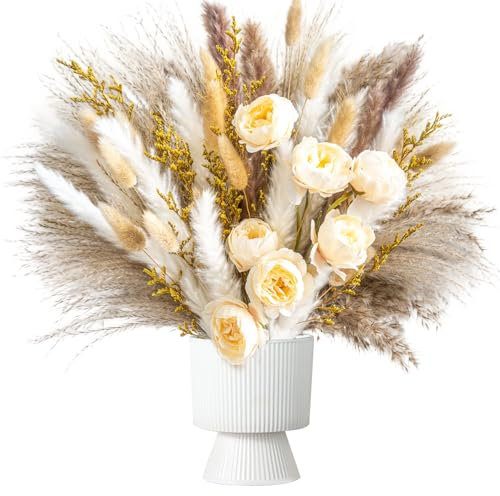 91 Pieces Pampas Grass Artificial Dried Flowers Bouquet for Vase, DIY Boho Natural Fluffy Dry Reed Flower Decor Ideal for Home Wedding Decor
