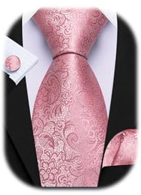 Barry.Wang Mens Pink Tie Silk Floral Plain Necktie Pocket Square Cufflinks Set Wedding Party Formal