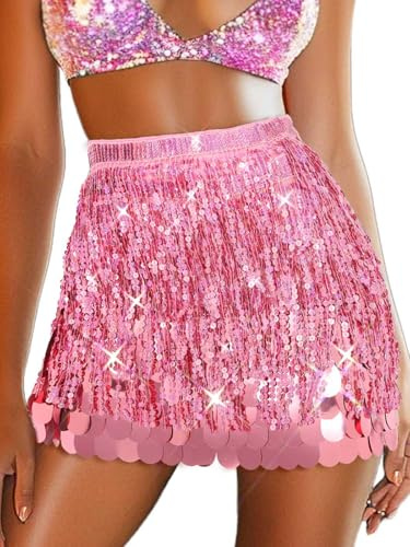 Jovono Gonna da Ballo con Paillettes Rosa e Brillantini, con Frange e Foulard per Pancia e Fianchi da Donna (IT, Testo, Taglia Unica, Regular, Regular, Standard, Rosa)