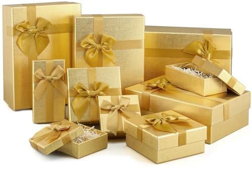 Tenceur Weihnachts-Geschenkboxen mit Deckel, verschiedene Größen, Geschenkboxen für Geschenke, Box mit Band für Geburtstage, Hochzeiten, Einweihungen, Jubiläen, Valentinstag, 10 Stück (Gold, 5 Größen)