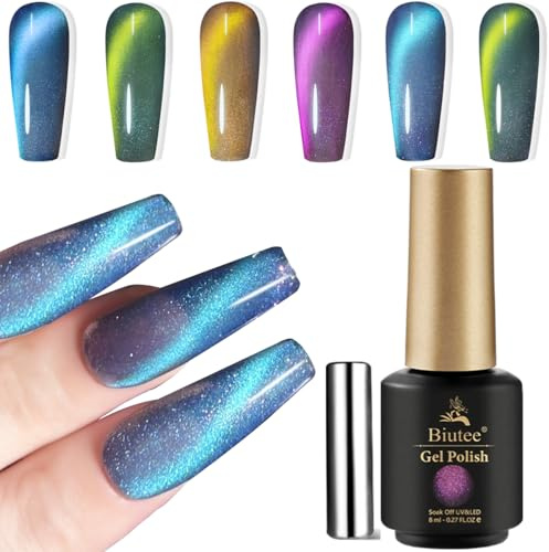Biutee Smalto semipermanente magnetico Cat Eye Blu Giallo Verde Brillantini | Set da 6PCS, Effetto Cat Eye magnetico brillante, Formula soak-off UV/LED, Ideale per nail art fai da te e salone