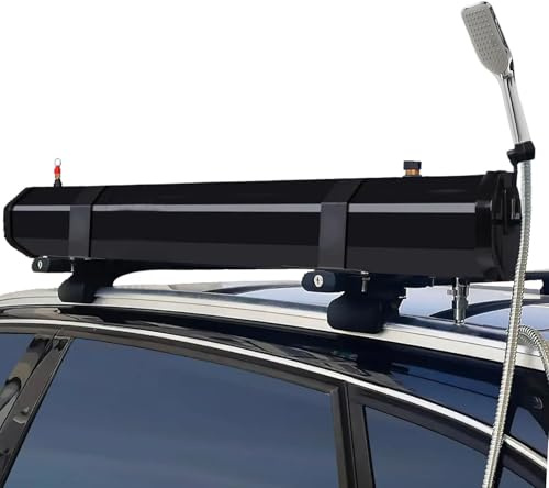 Campingdusche Camping Dusche Tragbare mit Druckwassertank, 4,8/5,3/7,9 Gallonen, Dachgepäckträger mit – verbesserte Solarheizung, 1,6 Bar Druck, Keine Pumpe erforderlich – passend für SUV/LK