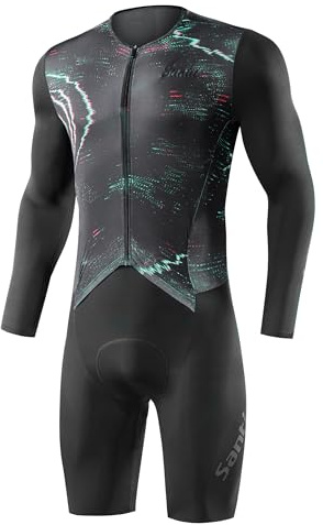 Santic Triathlondräkt för män långärmad triathlon kostym vadderad triathlon kort hög elasticitet bantning cykel skinsuit, svart, L