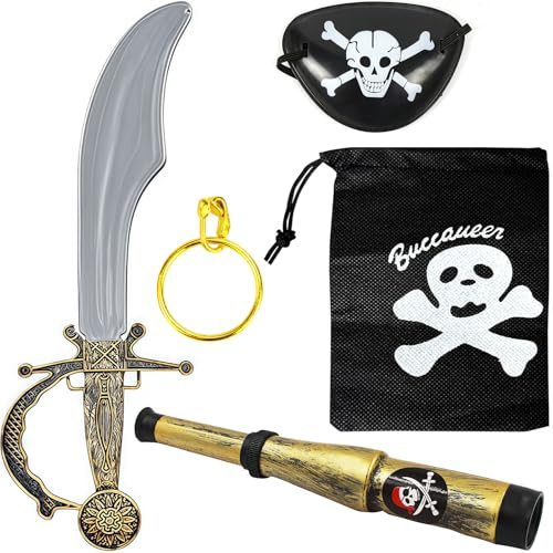 WANGWANG Piratenset Kinder 5-teilig - Piraten Zubehör mit Piratensäbel, Augenklappe Pirat, Fernrohr & Ohrring - Kostüm Spielzeug für Karneval, Fasching & Halloween
