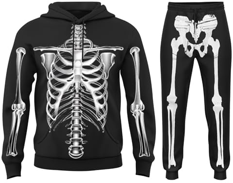 ​Damen & Herren Halloween Kostüm Skelett-Anzug Komplett-Set mit Rippenmuster auf Brust und Knochenprint an Beinen Gruseliges Schwarz-Weiß Skeleton Outfit für Gruselpartys Cosplay Party Karneval