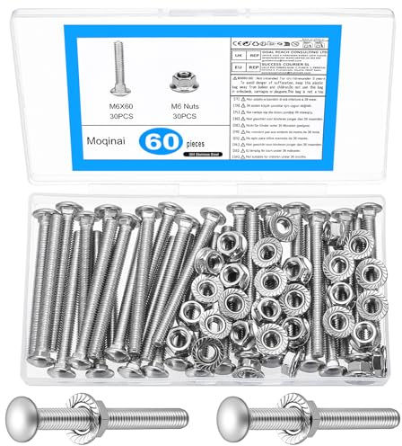 60 Stück Schlossschrauben M6 x 60mm, Schloßschrauben Muttern Set, Edelstahl Torbandschrauben mit Sechskant Flanschmuttern, Flachrundkopfschrauben Sicherheitsschrauben mit Muttern Set (M6 x 60mm)