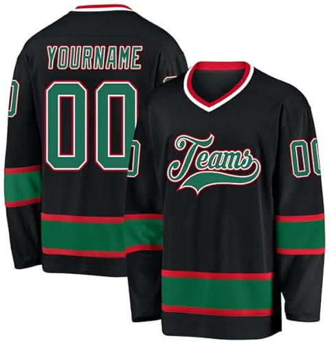 Custom Long Sleeve Jersey, Custom Black Kelly Green-Red Hockey Jersey, Hockeys Jerseys for Men, Women with Customized Name, Number and Team Design, Play Gifts, Team Jerseys