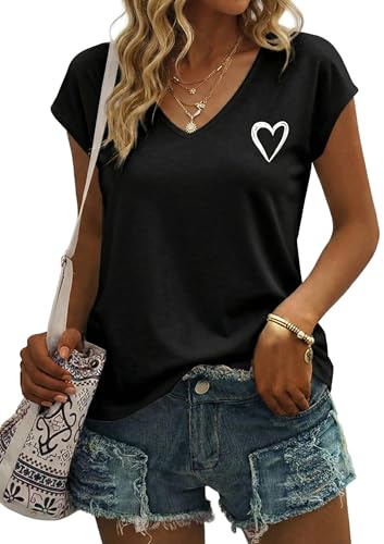 Gyabnw Tee Shirt Femme Col V Manches Courtes Imprimé Cœur