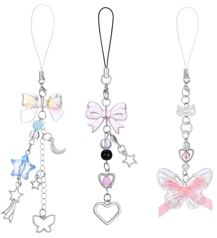 DOPENSPI Lot de 3 pendentifs pour téléphone, pendentif mignon pour téléphone, rose, bleu, transparent, pendentif pour téléphone portable, étoile, bracelet de téléphone portable avec nœud, accessoires