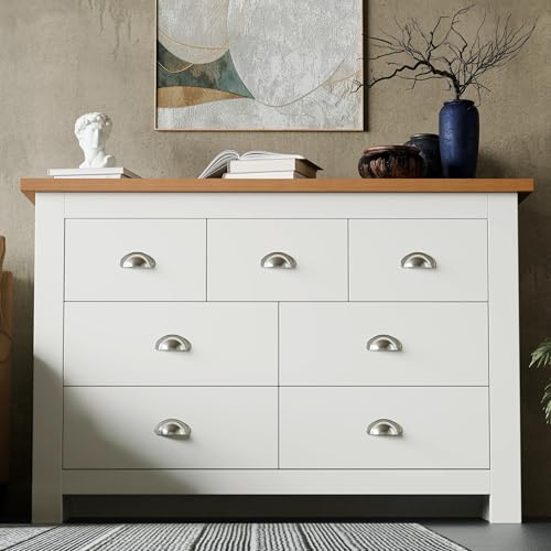 Blisswood Chest of Drawers, 4+3 Drawer for Bedroom Furniture Storage Cabinet Unit with Oak Top, MDF Wood Sideboard Chest for Living Room, Wardrobe Hallway Furniture, White/Oak 42Dx 108.5Wx 81.2H CM