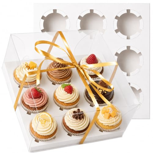 LDXDRU 10PCS Clear Cupcake Boxes with 9 Hole Insert, 23.5cm Transparent Cake Box for Bento and Pastry, 9 Cupcake Boxes Set with Champagne Ribbon for Gifts